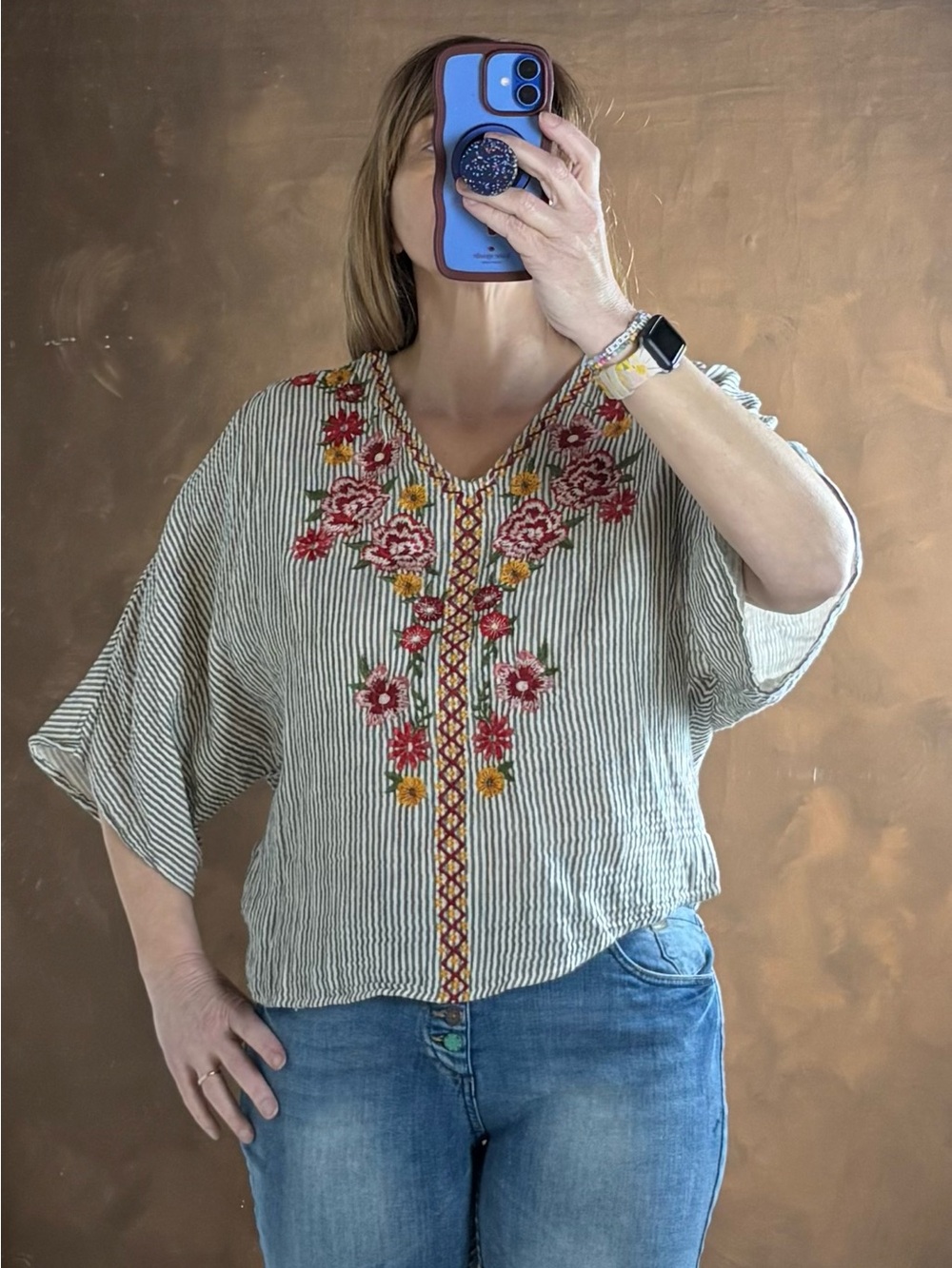 Savanna Jane Cream & Gray Striped Tunic with Red and Yellow Floral Embroidery
